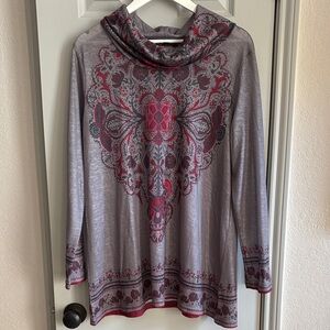Gray and Red Patterned Cowl Neck Top